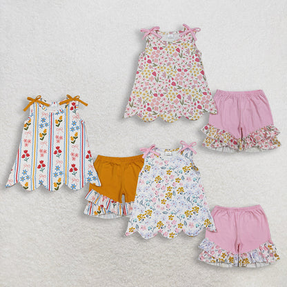 RTS Sibling Baby Girls Kids Bows Flower Scallop Tops Ruffle Shorts Summer Sets Clothes