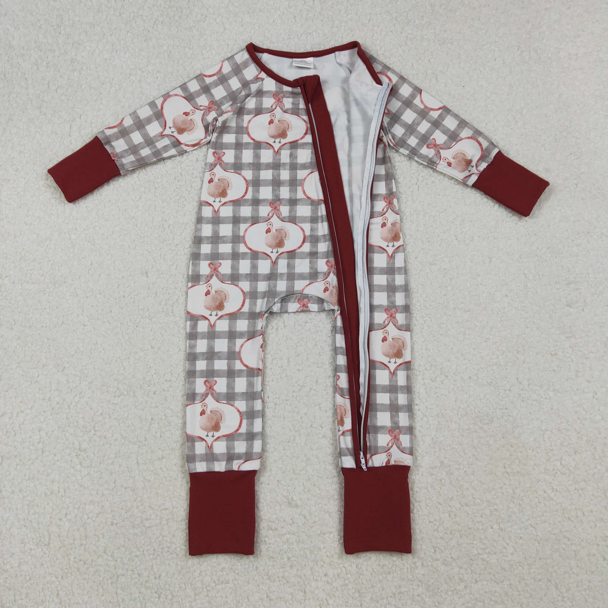 Girls Infant turky Bows Plaid Thanksgiving Zipper Sleeper Romper