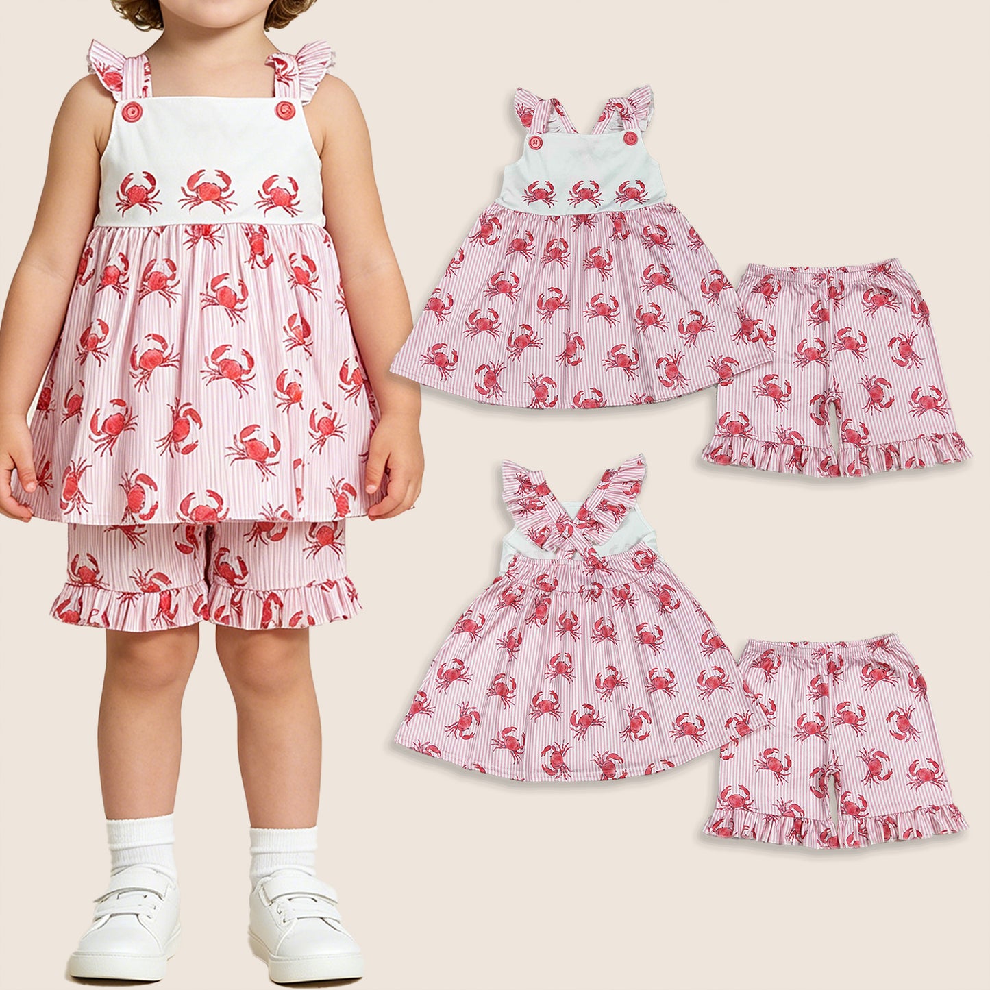 Baby Girls Short Sleeves Crabs Stripes Tops Ruffle Shorts Summer Clothes Set