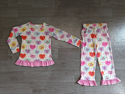 No moq Preorder Baby Girls Kids Long Sleeves Hearts Shirt Pockets Pants Valentine Set Clothes