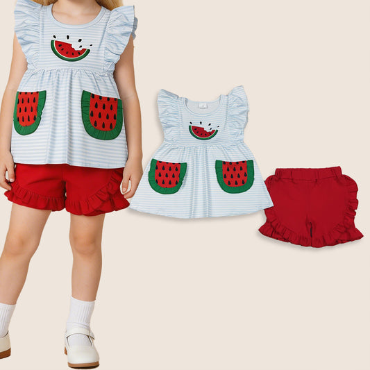 Baby Girls Kids Embroidery Watermelon Pockets Stripes Tunic Red Shorts Set Clothes