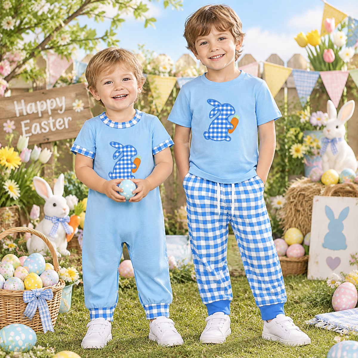 Sibling Baby Boys Kids Short Sleeves Embroidery Rabbits Carrots Romper Set Blue Clothes