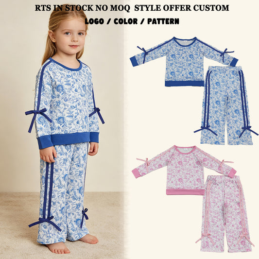 Sibling Baby Girls Kids Bows Long Sleeves Flowers Shirts Bows Pockets Pants Sets Clothes