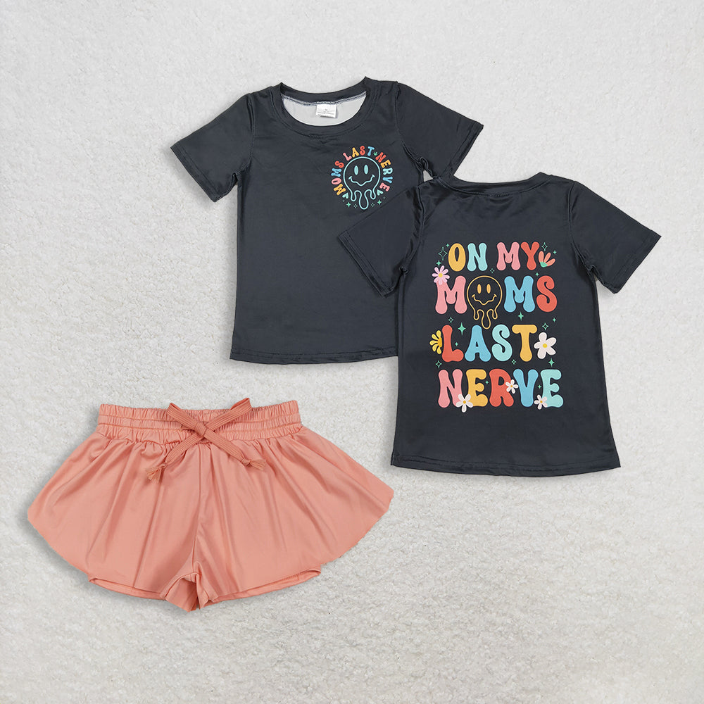RTS Baby Girl Kids Black Short Sleeves Shirt Peach Ruffle Shorts Set Clothes