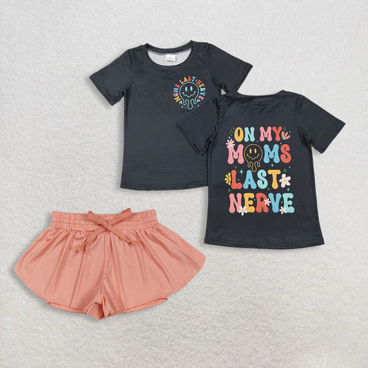 RTS Baby Girl Kids Black Short Sleeves Shirt Peach Ruffle Shorts Set Clothes