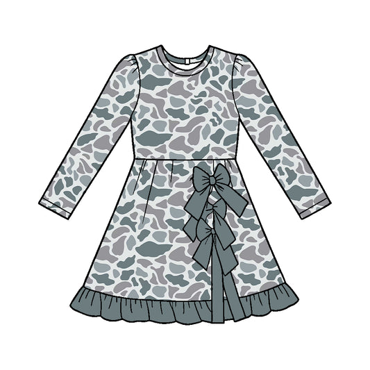 Moq 5 Custom Baby Girls Kids Long Sleeves Grey Camo Bows Knee Length Dress Yoga Clothes