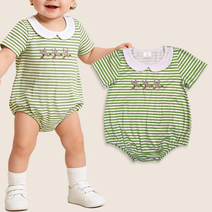 Baby Boys Kids Short Sleeves Embroidery Ducks Green Stripes Bubble Romper