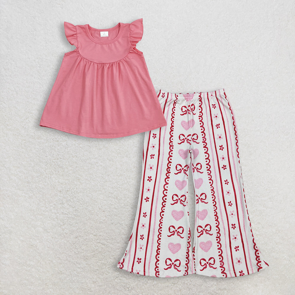 RTS Baby Girl Kids Short Sleeves Pink Tops Hearts Bows Flower Pants Set Clothes