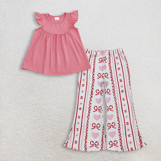 RTS Baby Girl Kids Short Sleeves Pink Tops Hearts Bows Flower Pants Set Clothes
