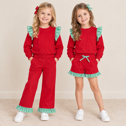 Sibling Baby Girls Kids Long Sleeves Shirts Pockets Shorts Pants Cotton Red Sets Christmas Clothes