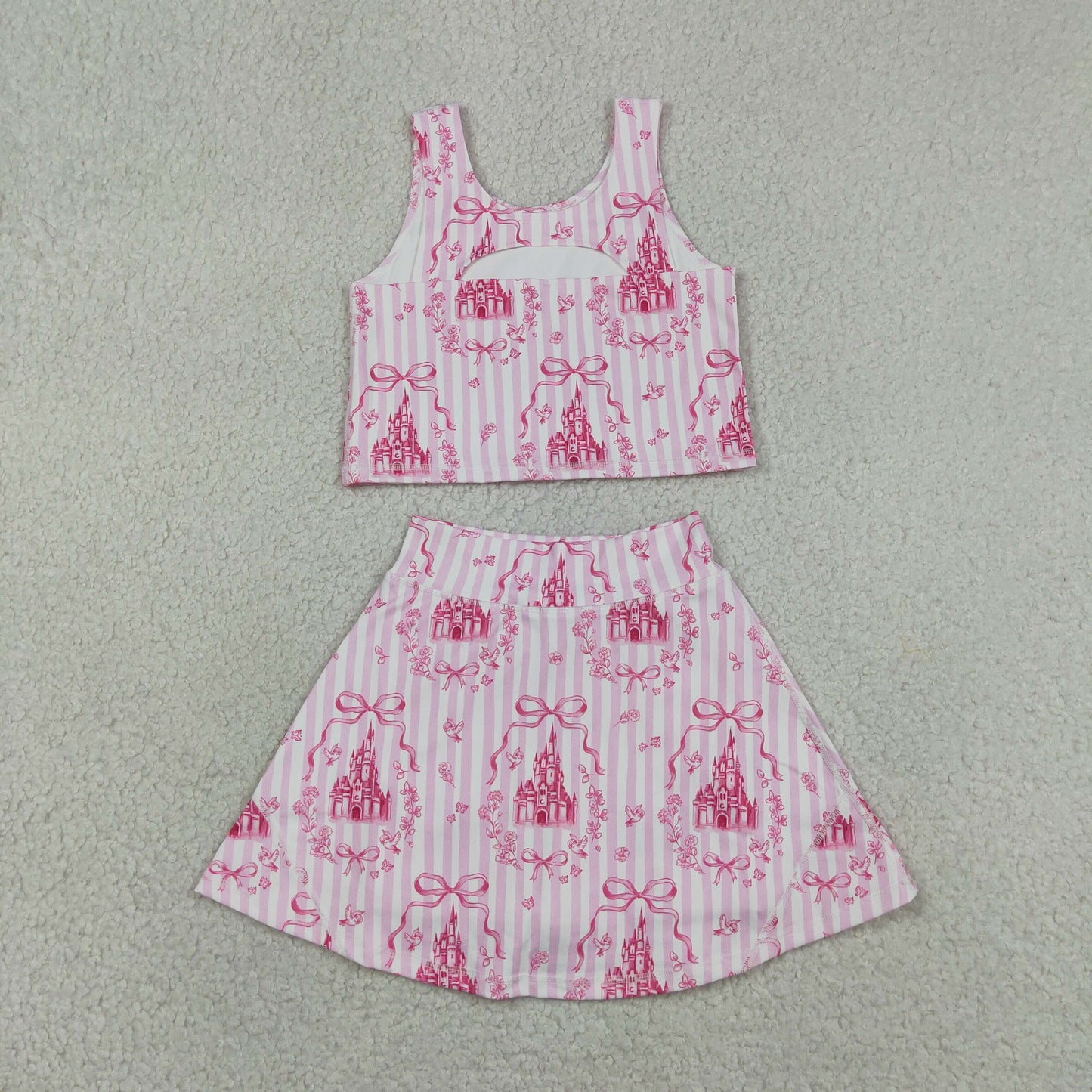 Baby Girls Kids Castles Bows Floral Tops Pink Skirt Shorts Yoga Summer Set