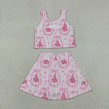 Baby Girls Kids Castles Bows Floral Tops Pink Skirt Shorts Yoga Summer Set