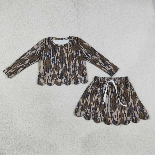 Baby Girls Kids Long Sleeves Shirt Scallop Pockets Skirt Shorts Olive Camo Set Clothes