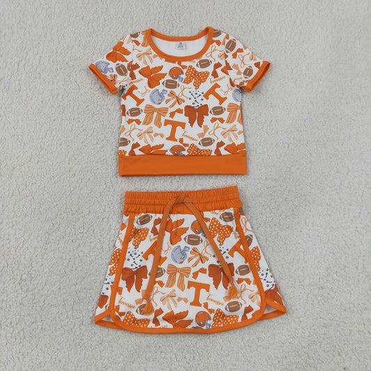 Baby Girls Kids Short Sleeves Orange Bows Shirt Team Skirt Shorts Yoga Set