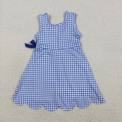 USA Shop Baby Girls Blue Checked Bow Ruffle Yoga Active Shorts Knee Length Scallop Dress