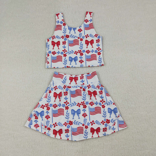 RTS Baby Girls Flags Bows Flowers Tops Skirt Shorts 4th of July Set Yoga Clothes