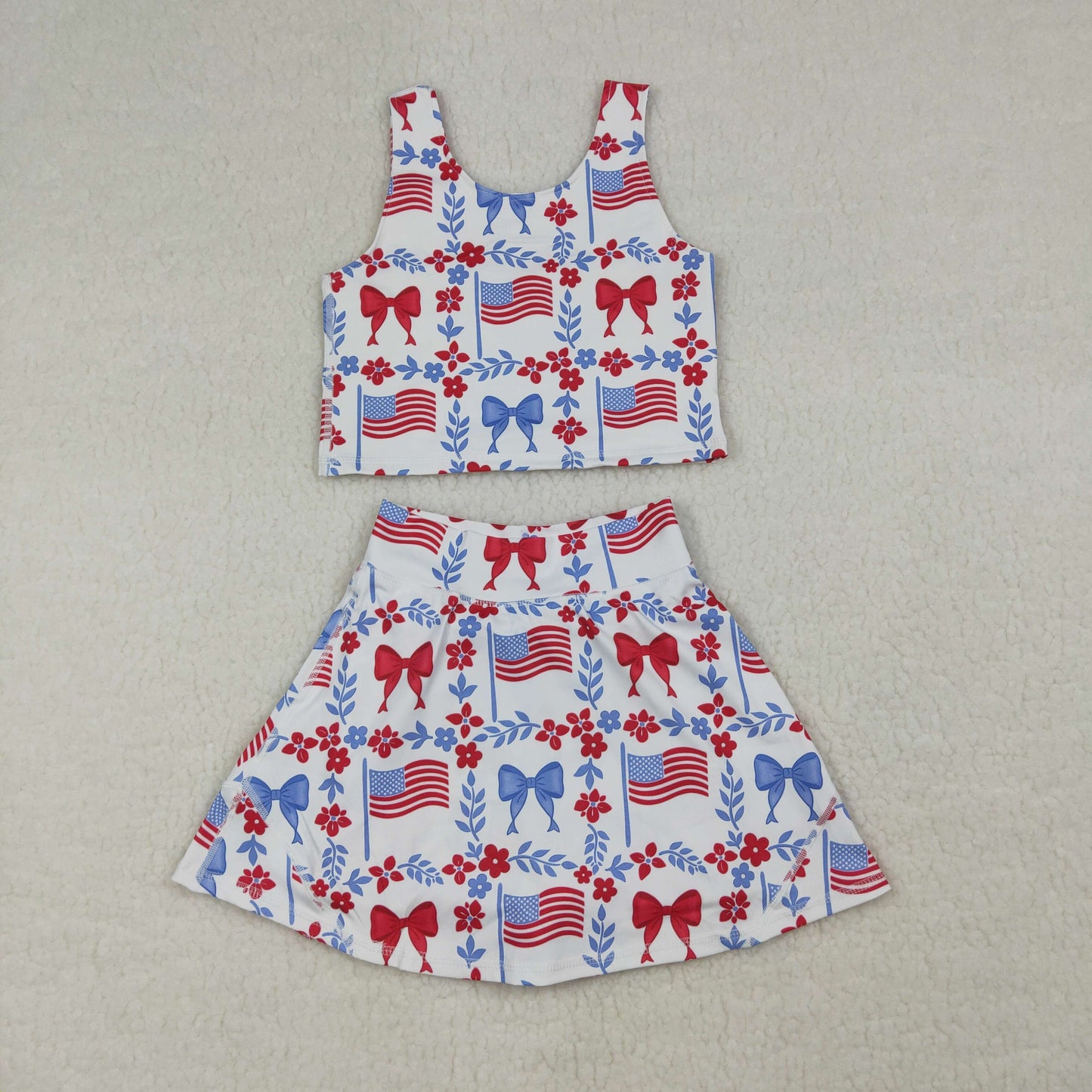 RTR Sibling Baby Girls Kids Sleeveless Flags Bows Flower Shorts Dress Sets 4th of July Clothes