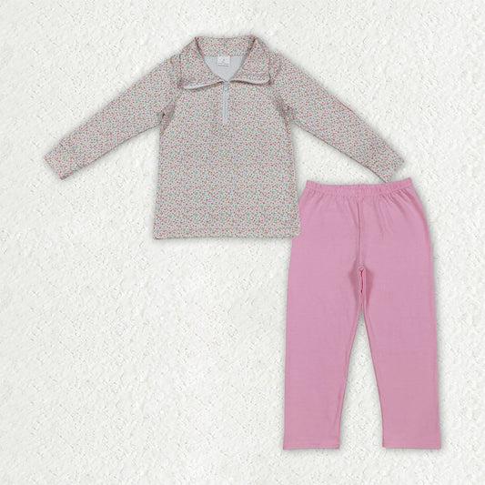 Baby Girls Kids Long Sleeves Floral Zipper Shirt Pink Pants Set Clothes
