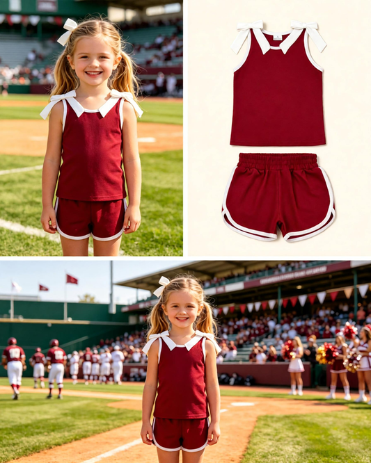 Baby Girls Kids Sleeveless Bows Shirt Shorts Dark Red Set Summer Clothes