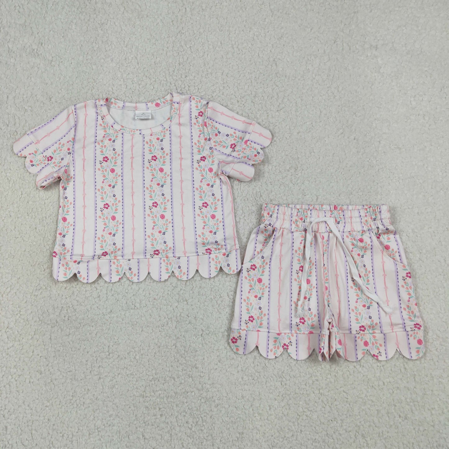Baby Girls Kids Short Sleeves Floral Pink Shirt Scallop Shorts Summer Set