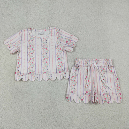 Baby Girls Kids Short Sleeves Floral Pink Shirt Scallop Shorts Summer Set