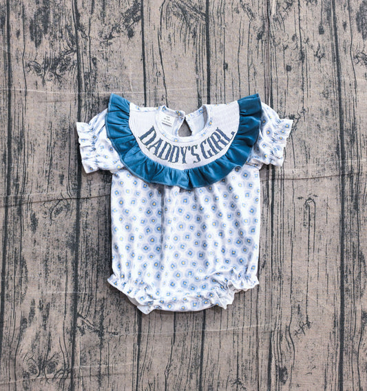 Preorder Baby Girls Infant Short Sleeves Embroidery Daddy's Girl Flower Smocked Romper