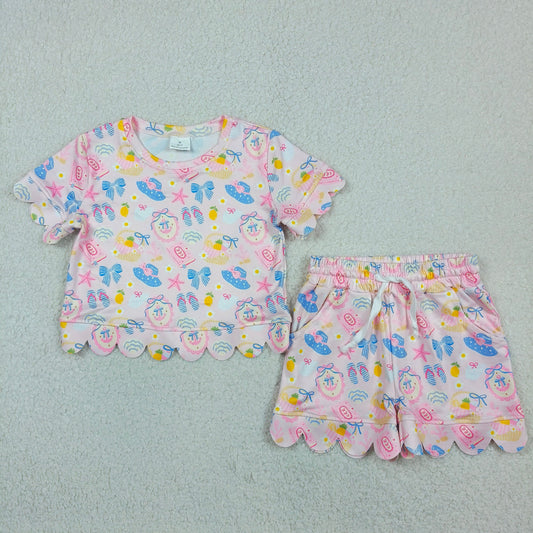 Baby Girl Kids Short Sleeves Bows Shirt Shorts Scallop Set Summer Clothes