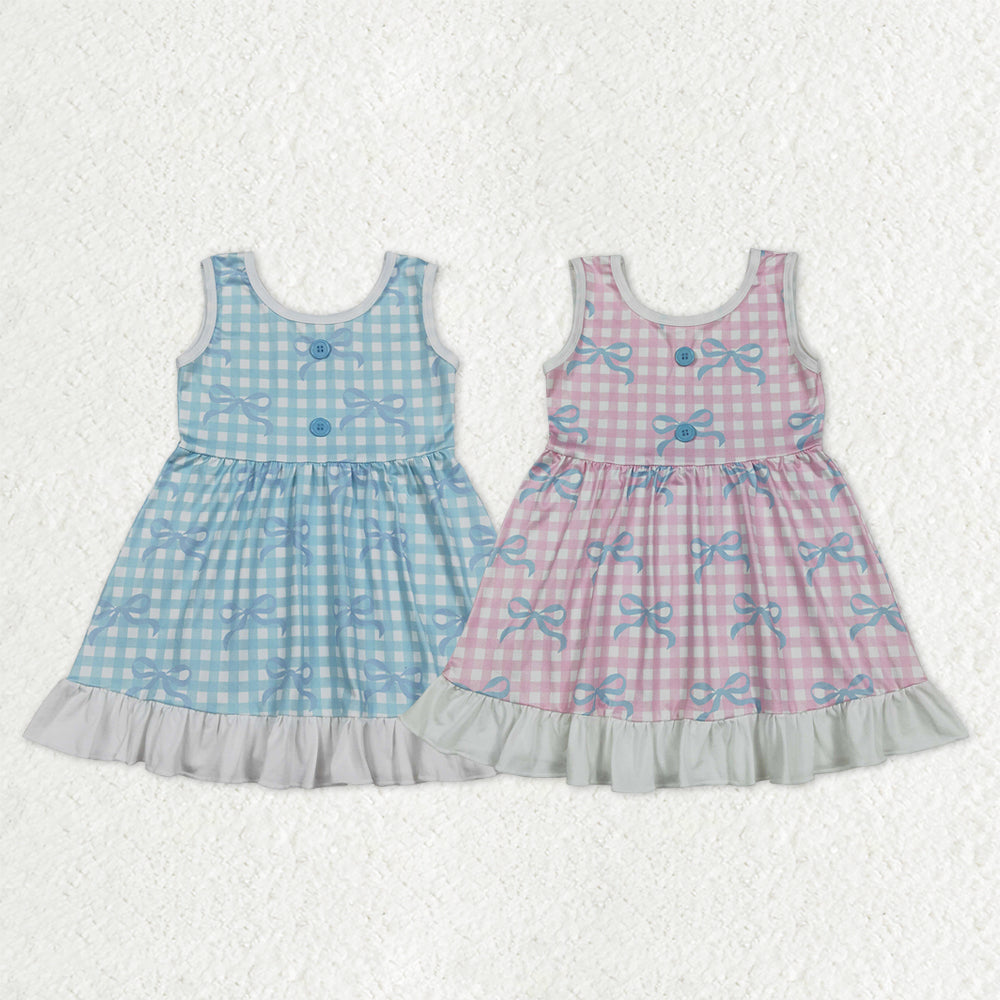 Sibling Baby Girls Kids Sleeveless Bows Plaid Buttons Ruffle Knee Length Dress