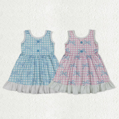 Sibling Baby Girls Kids Sleeveless Bows Plaid Buttons Ruffle Knee Length Dress