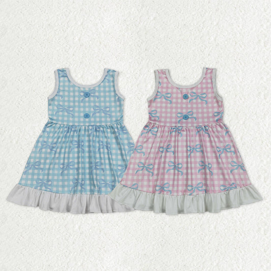 Sibling Baby Girls Kids Sleeveless Bows Plaid Buttons Ruffle Knee Length Dress