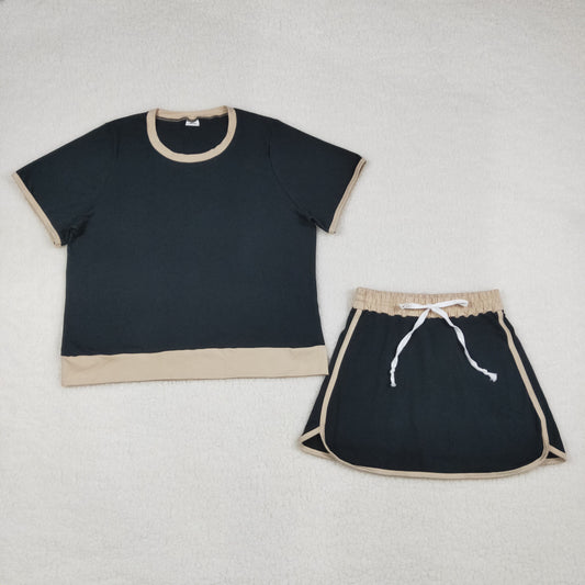 Adult Women Short Sleeves Black Skirt Shirt Shorts Summer Clothes Cotton Set