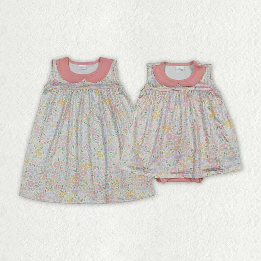 RTS Sibling Baby Girls Kids Sleeveless Flower Romper Knee Length Dress