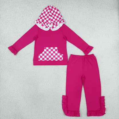 Baby Girls Kids Checked Pocket Hoodie Shirt Pants Hot Pink Set Cotton Clothes