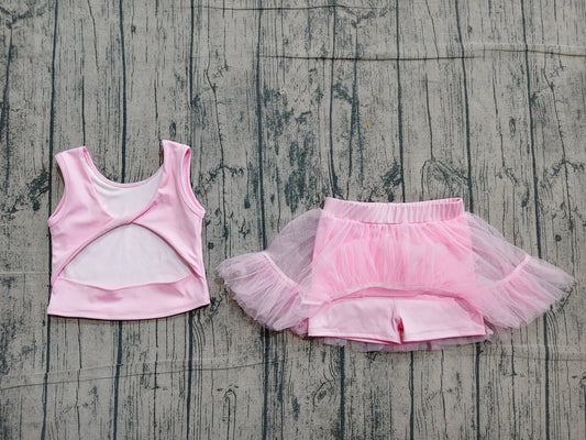 Preorder Baby Girls Kids Pink Tops Tulle Skirt Shorts Set Yoga Active Summer Clothes