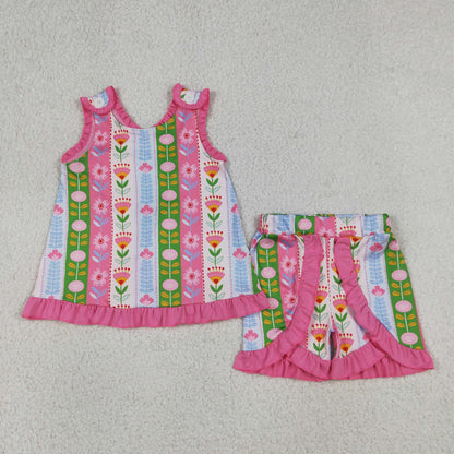 Baby Girl Kids Flower Pink Ruffle Tops Shorts Set Summer Clothes