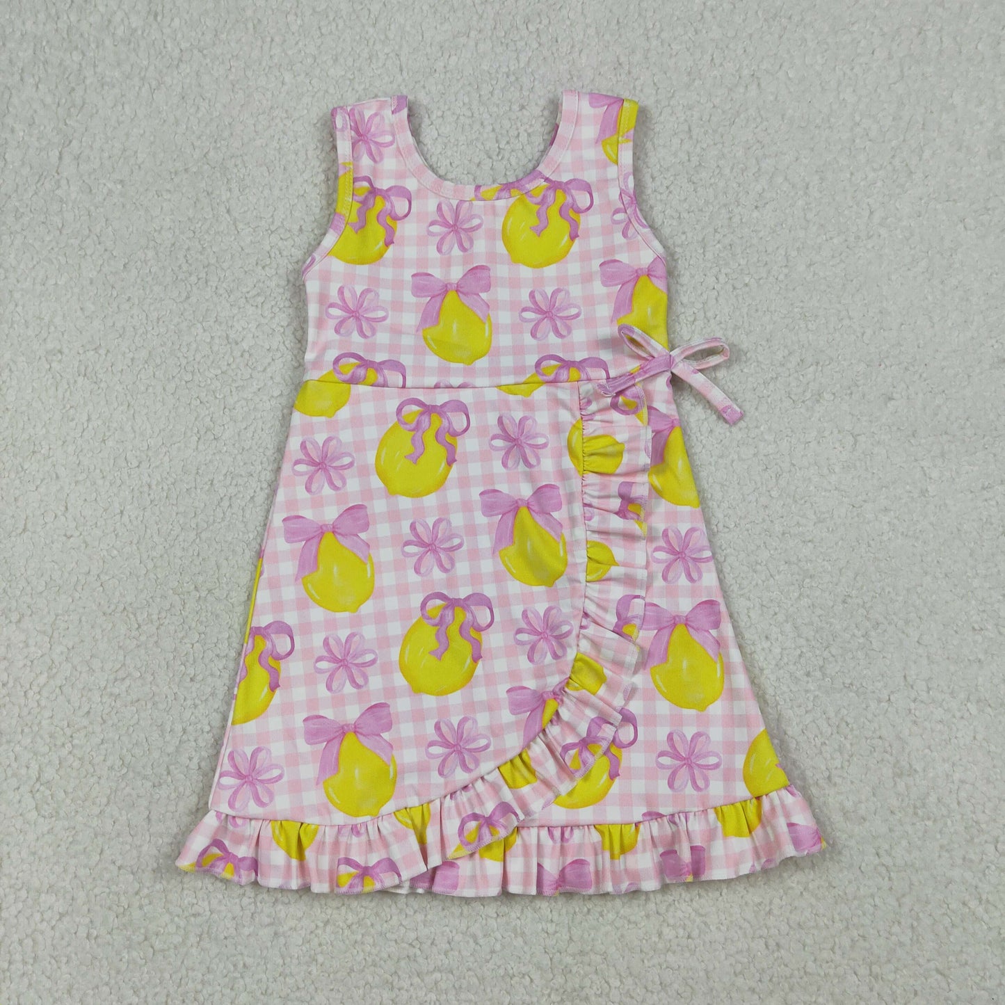 RTS Baby Girls Kids Sleeveless Lemons Bows Pink Plaid Yoga Active Shorts Knee Length Dress