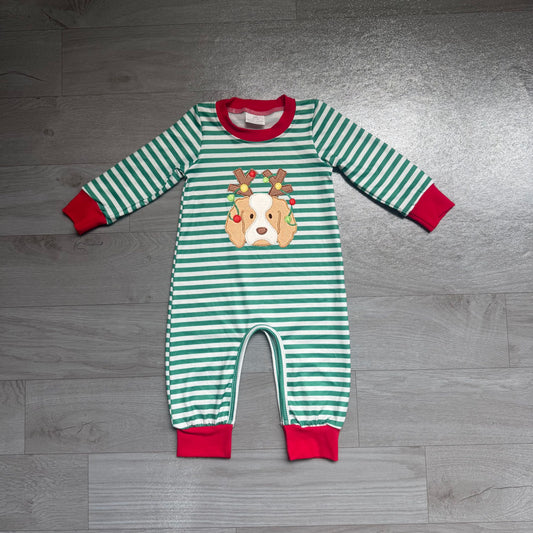 No moq Preorder Baby Boy Kids Embroidery Christmas Dog Green Stripes Romper Clothes