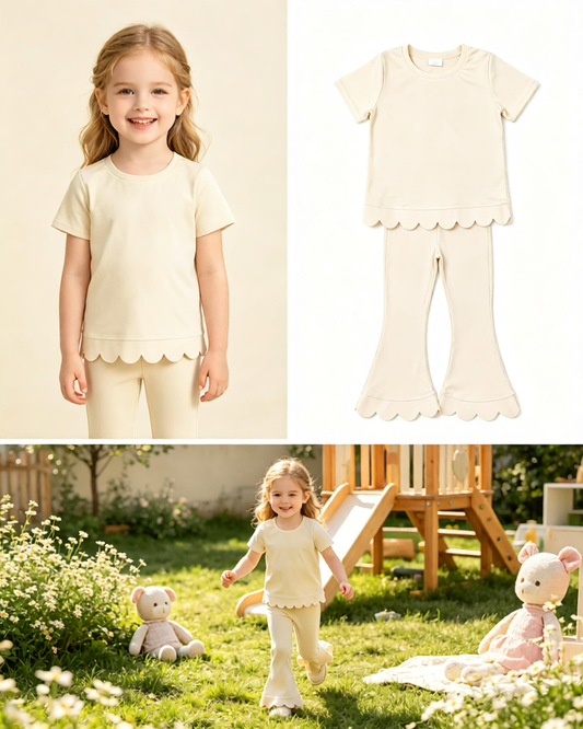 Baby Girls Kids Short Sleeves Cream Shirt Pants Scallop Set Cotton Clothes