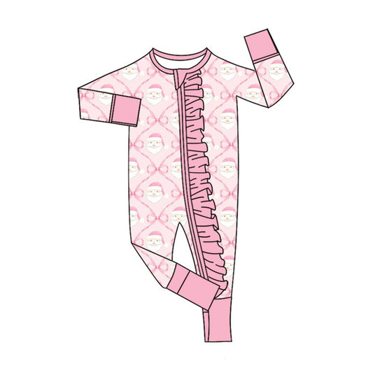 Moq 5 Preorder Baby Girls Kids Santa Bows Pink Ruffle Zipper Sleeper Footie Romper Christmas Clothes