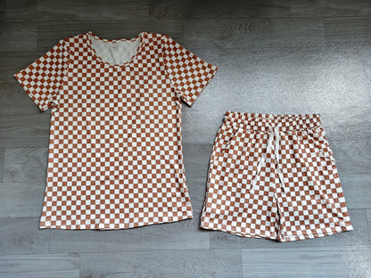 Adult Women Short Sleeves Brown Checked Shirt Shorts Pajamas Clothes Set
