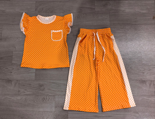No moq Preorder Baby Girls Kids Short Sleeves Polka Dot‌s Tops Pants Orange Set Clothes
