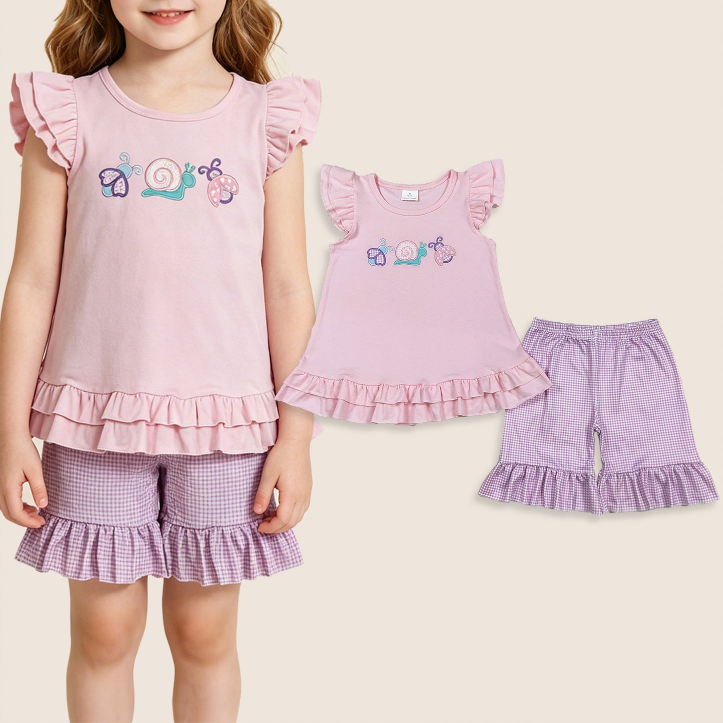 Baby Girls Short Sleeves Embroidery Animals Tops Purple Shorts Summer Clothes Set