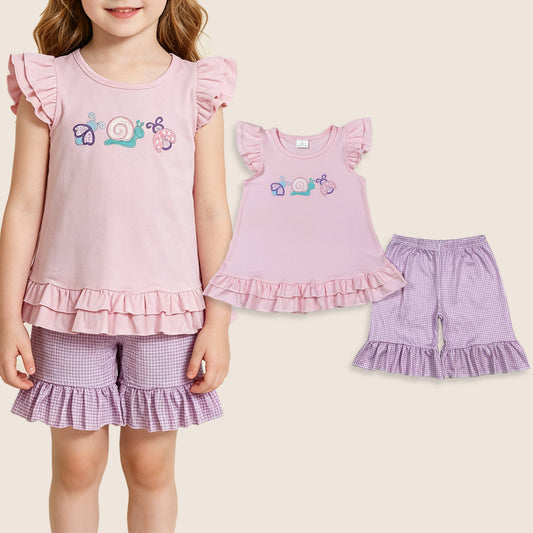 Baby Girls Short Sleeves Embroidery Animals Tops Purple Shorts Summer Clothes Set