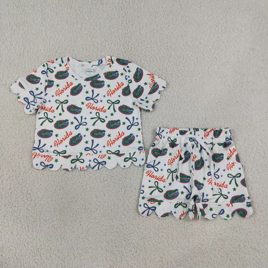 Baby Girls Kids Short Sleeves Green Bows Team Shirt Shorts Summer Set