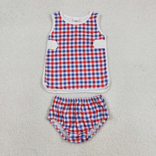 Baby Boys Kids Red Blue Plaid Tops Bummie Shorts Set 4th of July Clothes