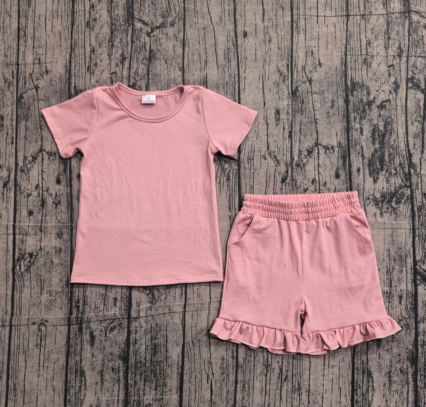 Preorder Baby Girls Short Sleeves Pink Tops Ruffle Shorts Summer Clothes Set