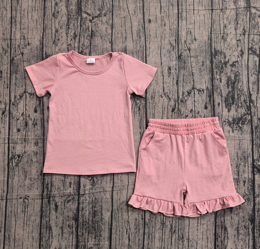 Preorder Baby Girls Short Sleeves Pink Tops Ruffle Shorts Summer Clothes Set