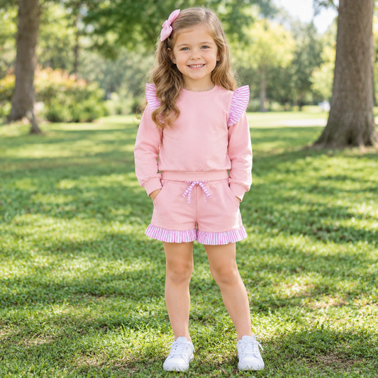 Baby Girls Kids Pink Long Sleeves Tops Pockets Shorts Cotton Set Clothes