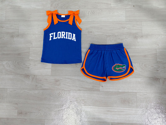 No moq Preorder Baby Girls Kids Sleeveless Orange Bows Shirt Shorts Blue Set Summer Clothes