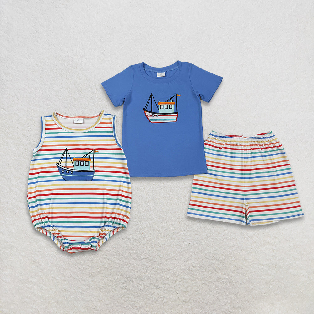 RTS Sibling Baby Boys Kids Embroidery Boats Colorful Stripes Bubble Romper Set